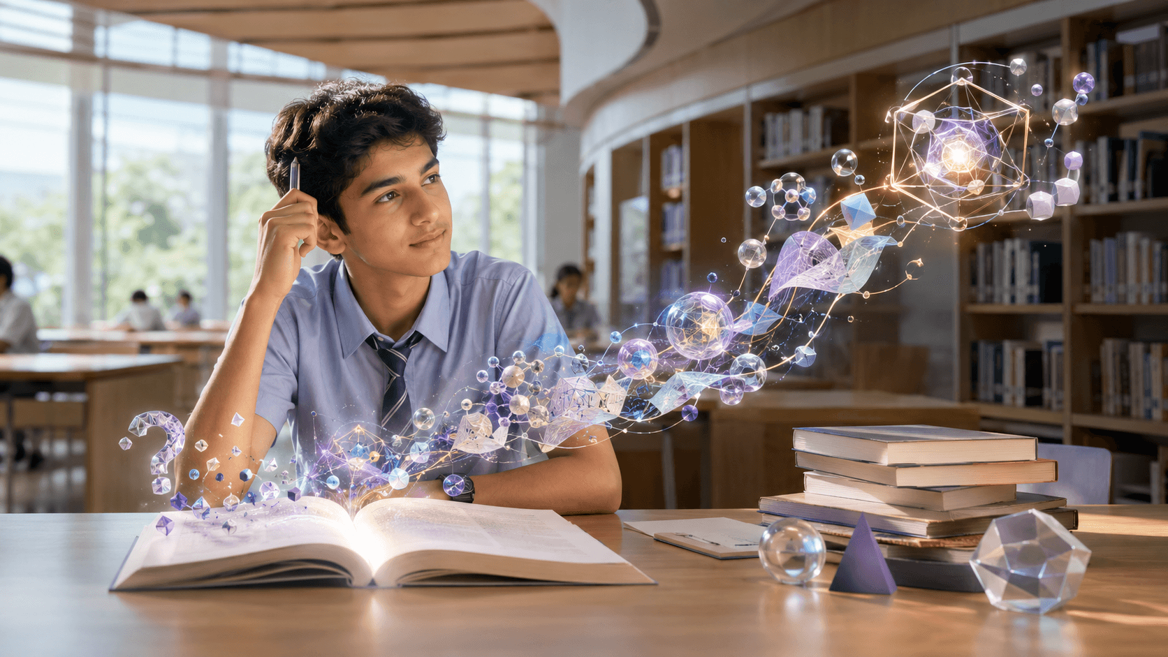 Student exploring ideas and concepts in a school library
