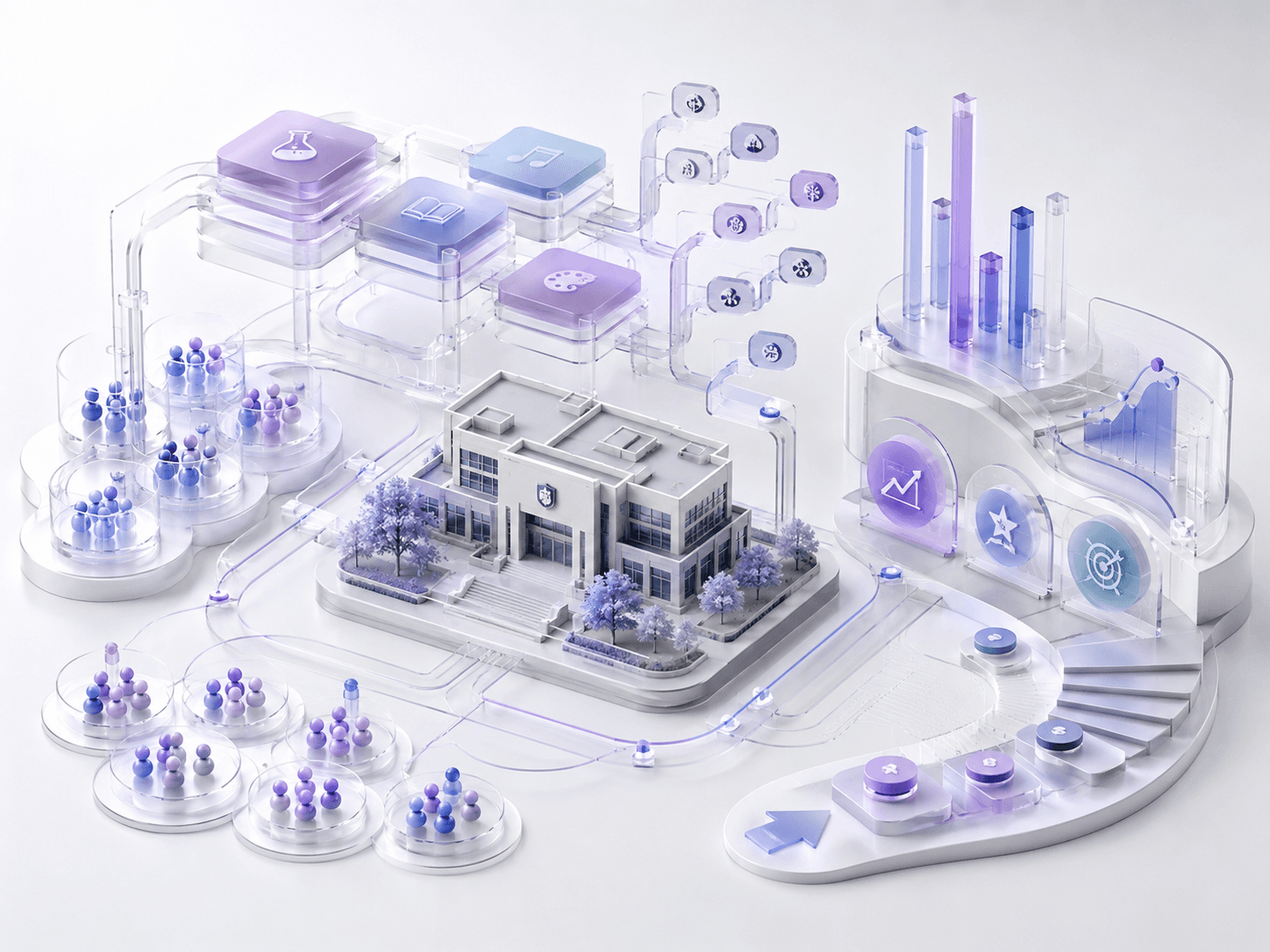 Conceptual 3D school ecosystem connecting learning, practice, assessment and performance