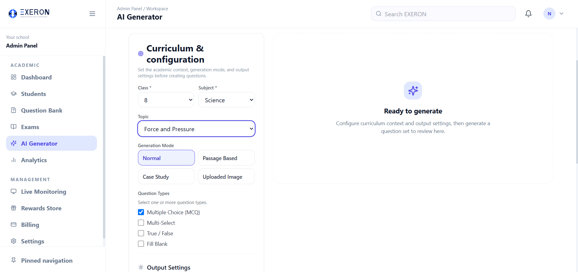EXERON AI generator setup screen