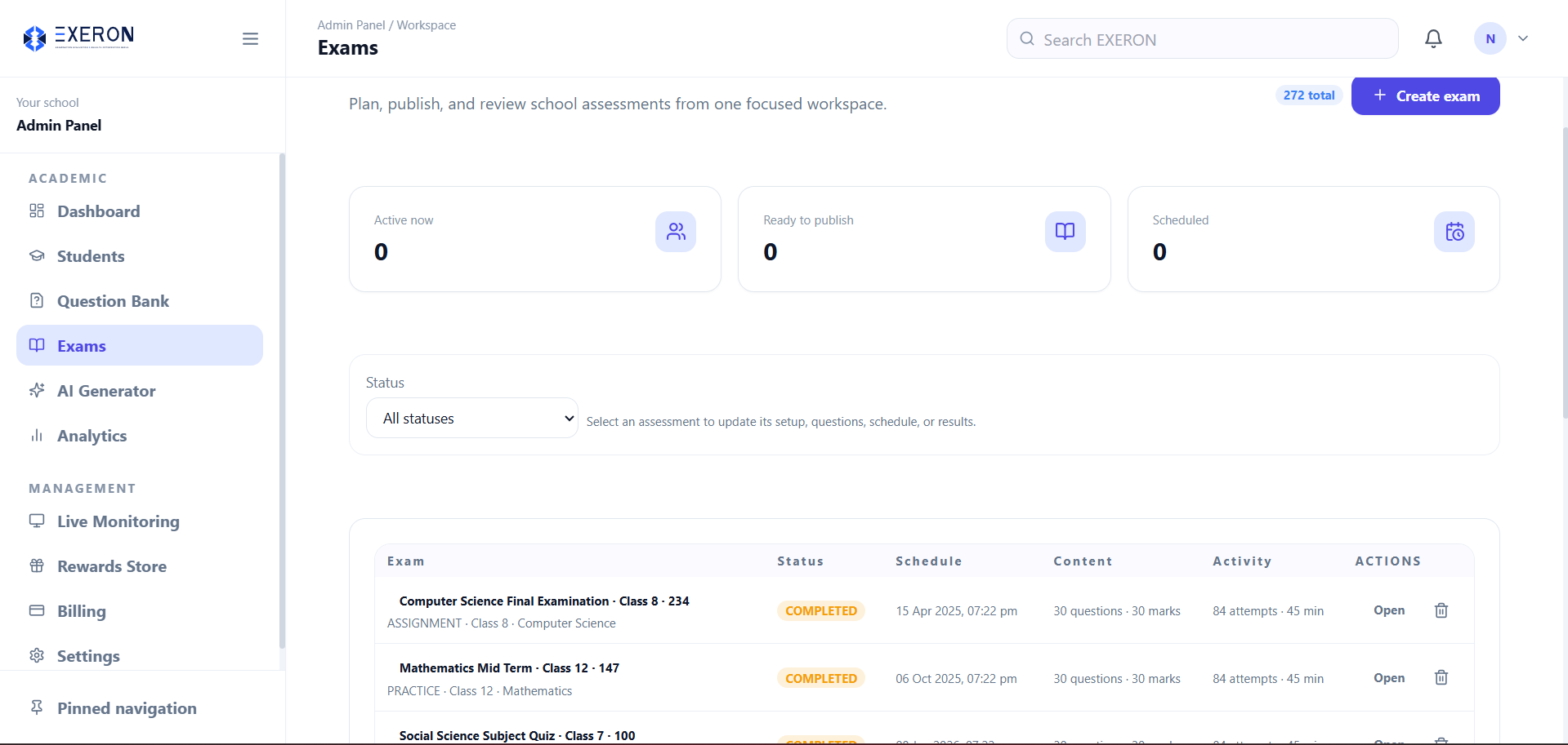 EXERON exam management workspace