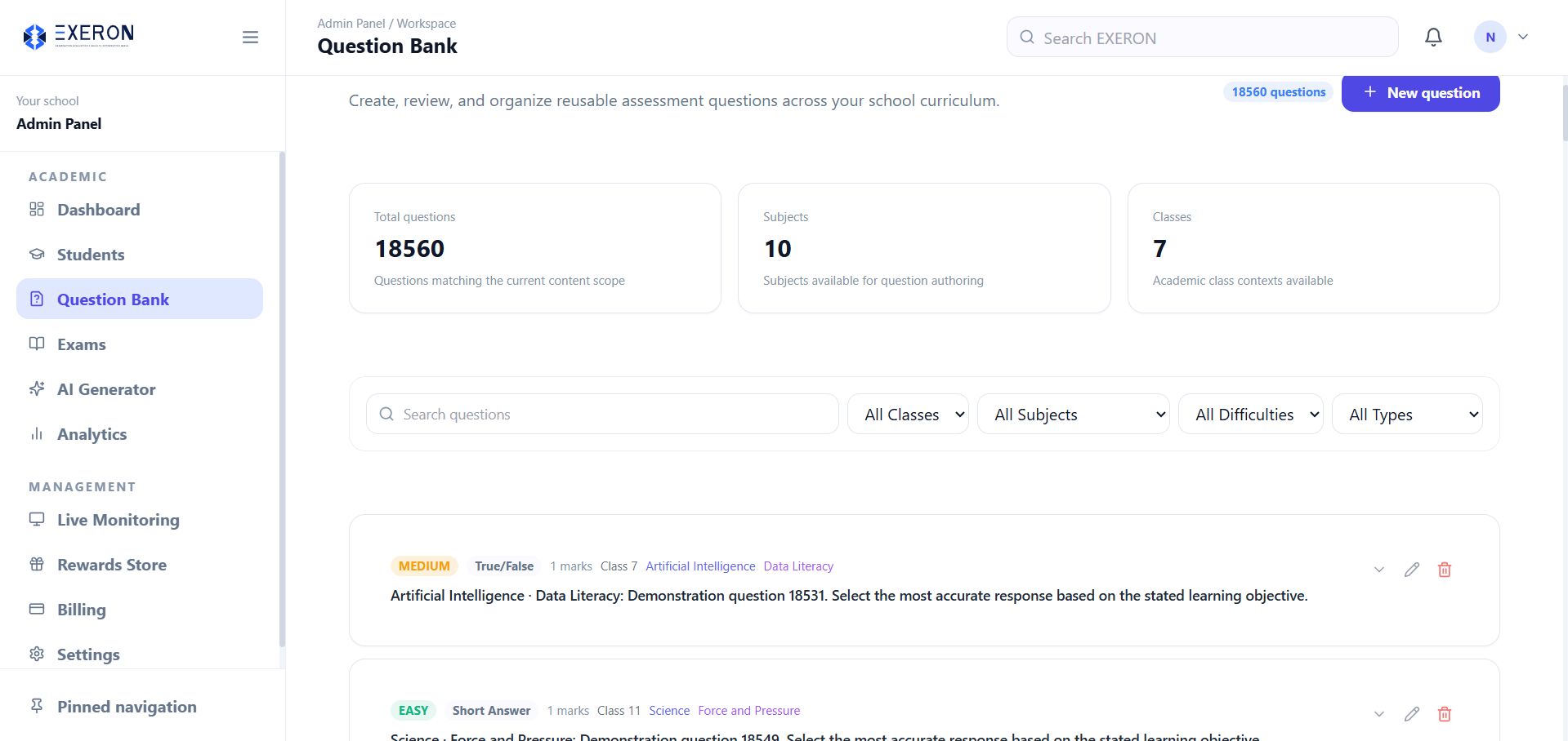 EXERON question bank screen