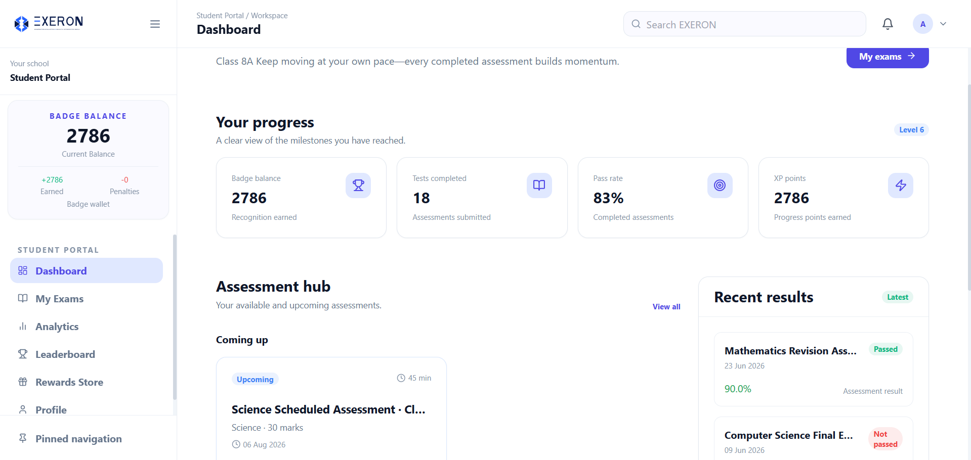 EXERON student dashboard