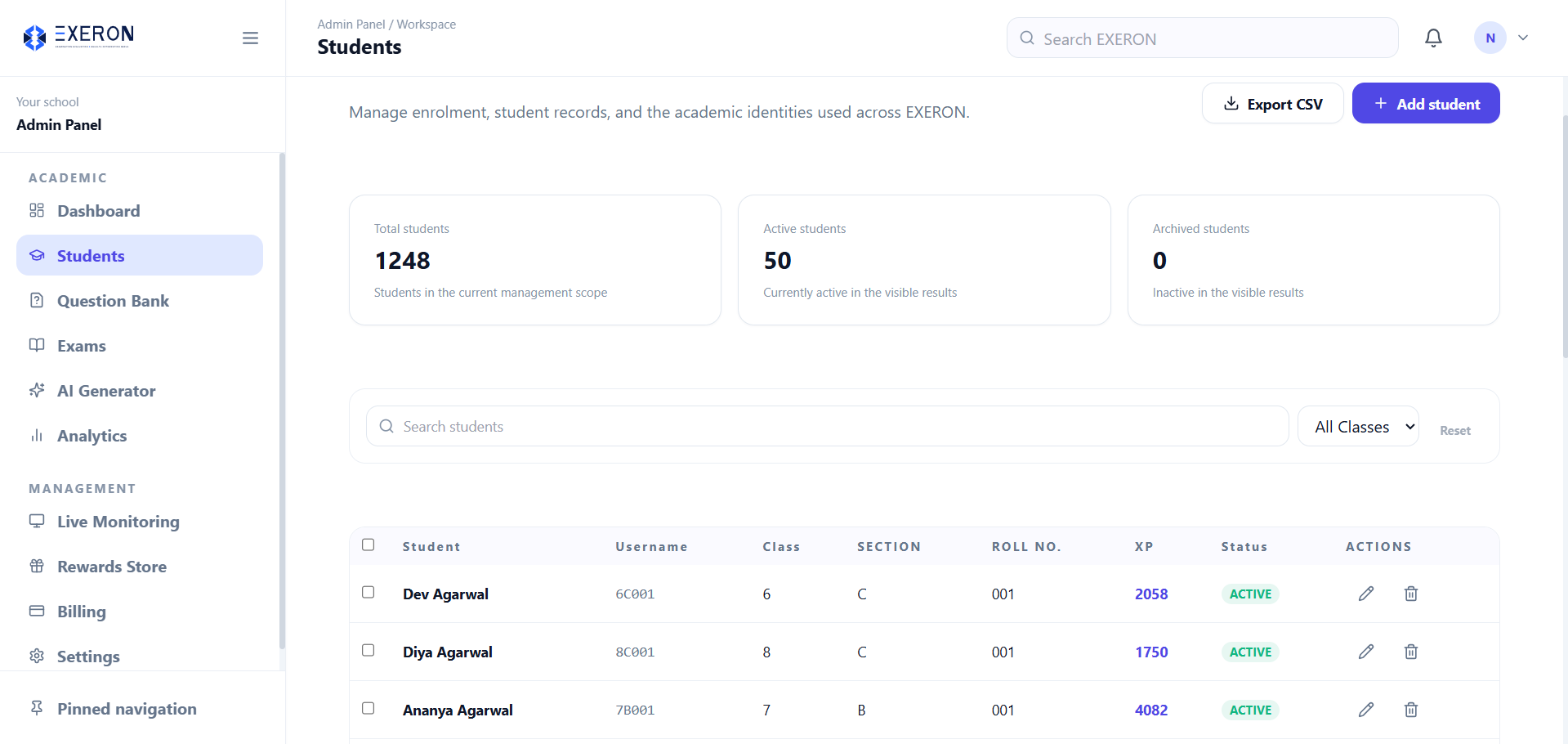 EXERON student management screen